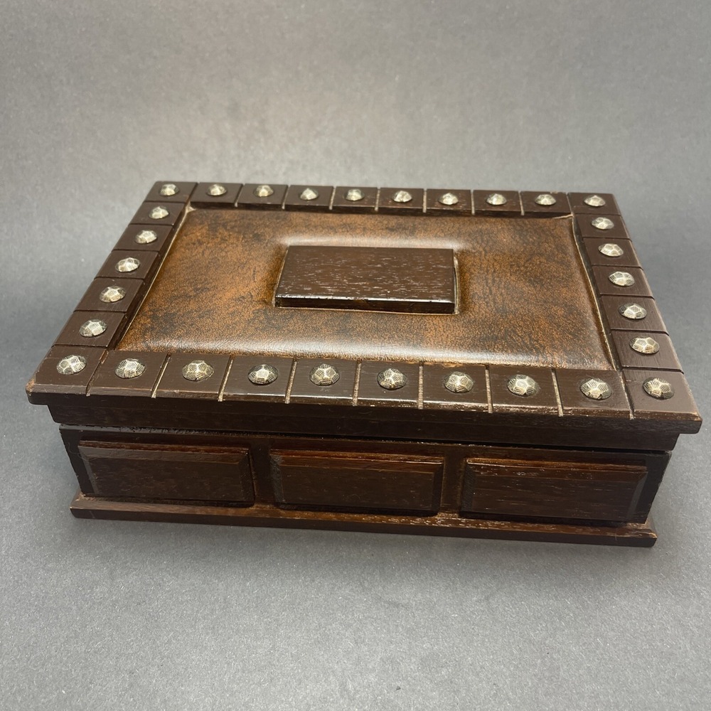 Vintage London Leather Wood & Leather Jewelry Box, Brass Studs Gold Velvet Lined